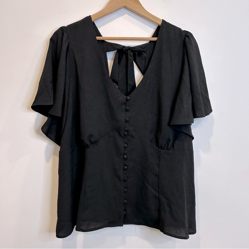 Unique Vintage Flutter Sleeve Button Detail Blouse Tie Back Black